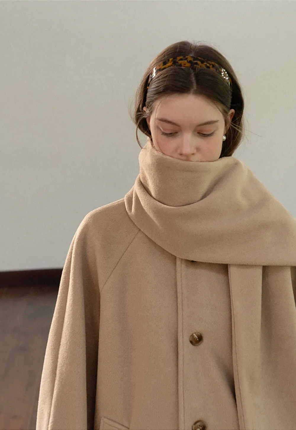 Women Wool Coat with Attached Scarf