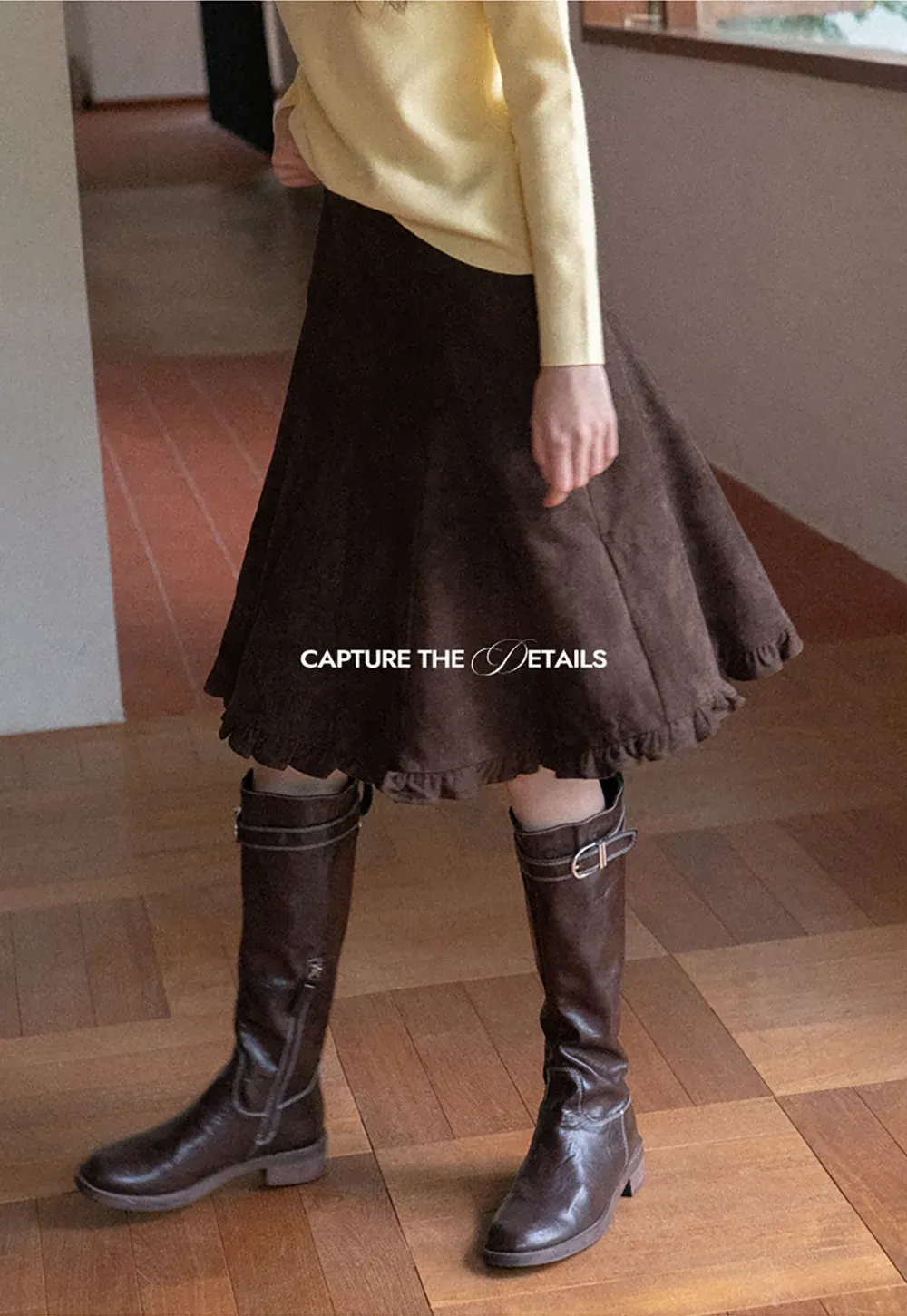 Ruffled Hem Suede A-Line Skirt