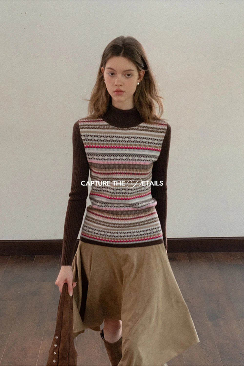 Knitted Turtleneck Top with Colorful Nordic Stripes