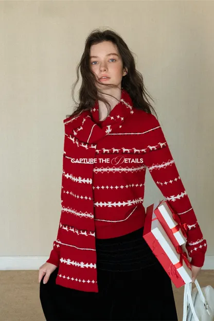 Christmas Knit Scarf With Reindeer Pattern