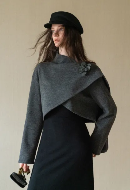 Black Long Sleeve Dress with Grey Cardigan Set