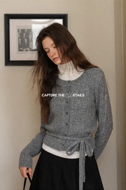 Cable Knit Cardigan with Tie-Front Detail