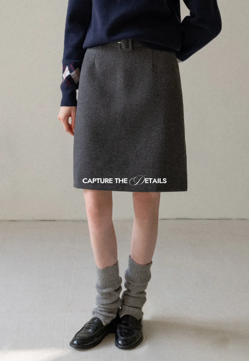 Wool Belted A-Line Mini Skirt in Charcoal