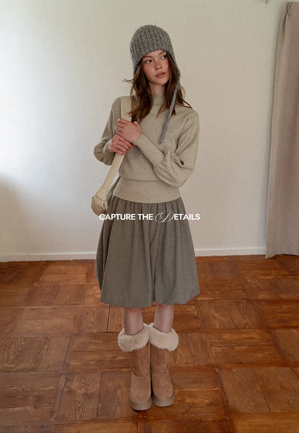 Ribbed High-Neck Sweater with Balloon Sleeves