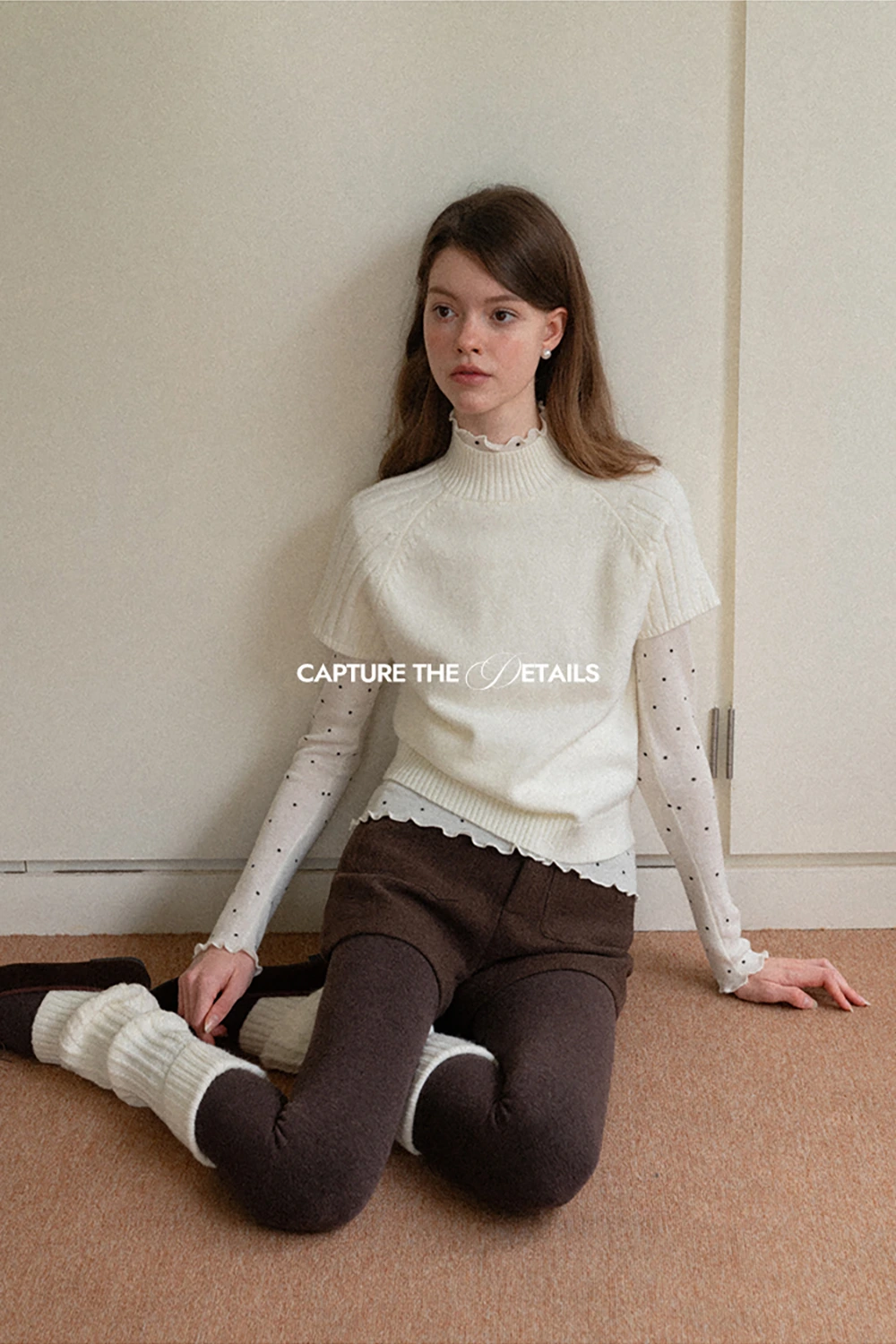 Polka Dot High Neck Ruffle Knit Top