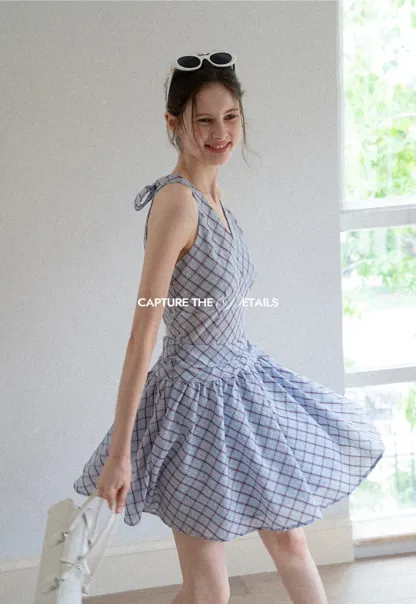 Plaid Sleeveless Mini Dress with Tie Back