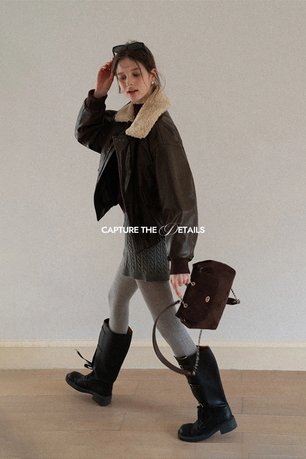 Faux Leather Bomber Jacket with Fur Collar