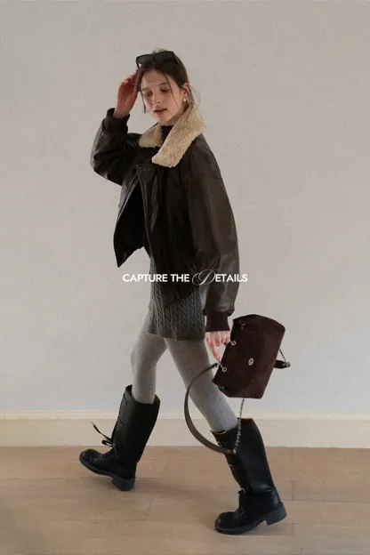 Faux Leather Bomber Jacket with Fur Collar