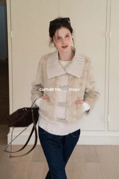 Collar Knit Patchwork Faux Shearling Coat