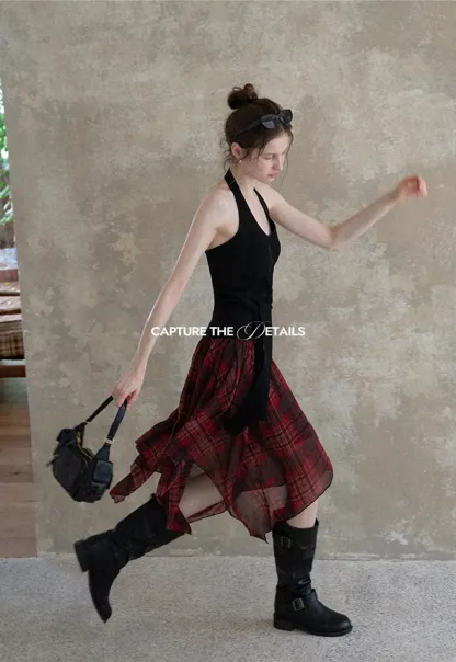 Women's Asymmetrical Plaid Midi Skirt 