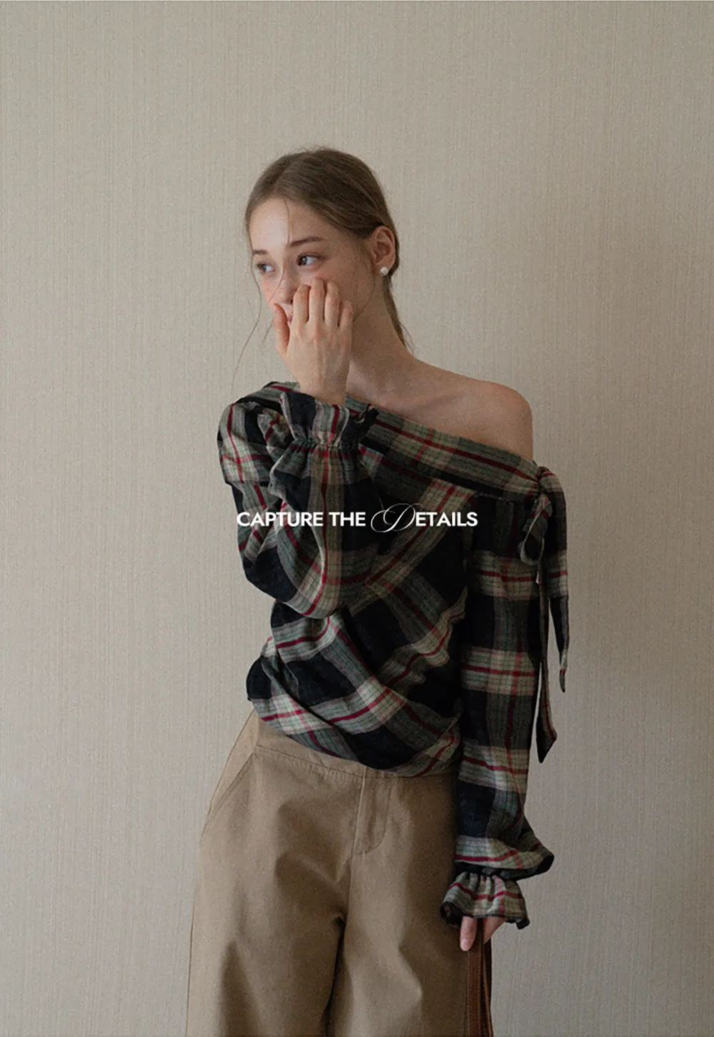 Womens Plaid Off Shoulder Tie Blouse