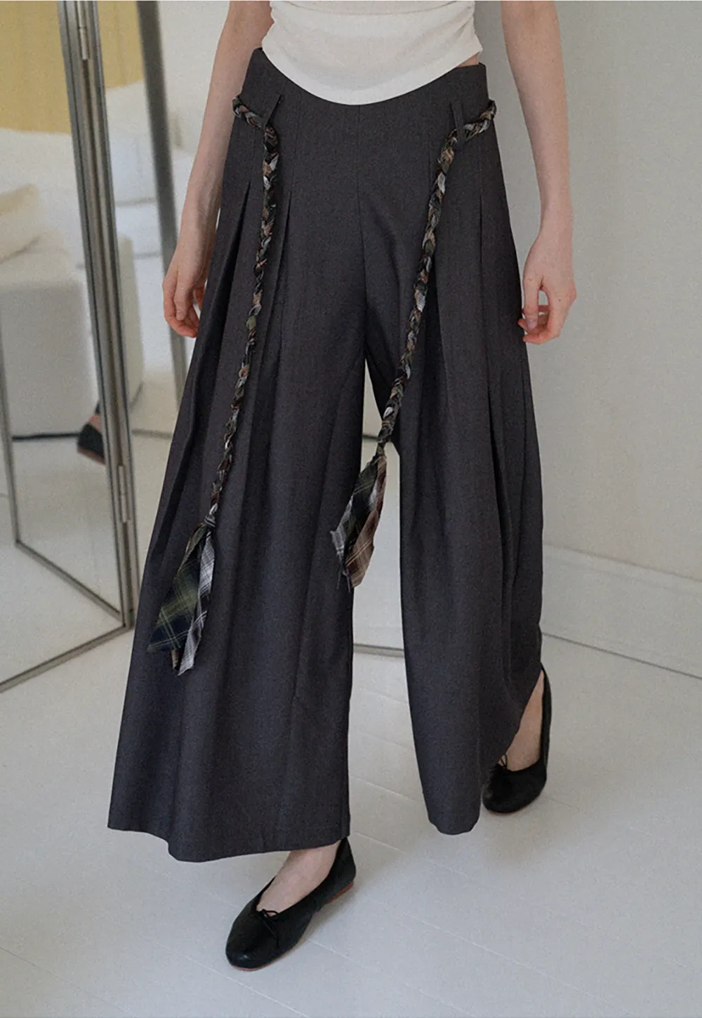 Women's Wide Leg Pleated Pants with Braided Ties