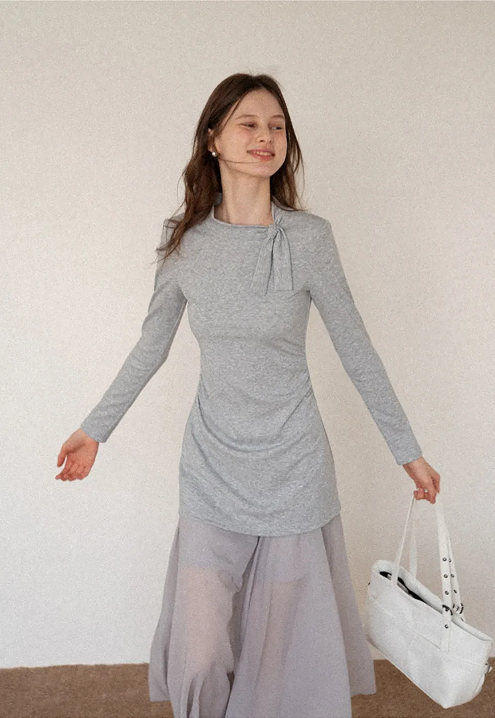 Tie Neck Long Sleeve Top and Asymmetrical Chiffon Skirt Set