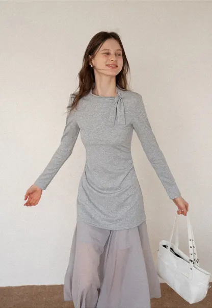 Tie Neck Long Sleeve Top and Asymmetrical Chiffon Skirt Set