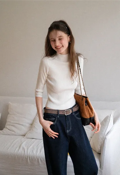 Women's Half Sleeve Mock Neck Knit Top