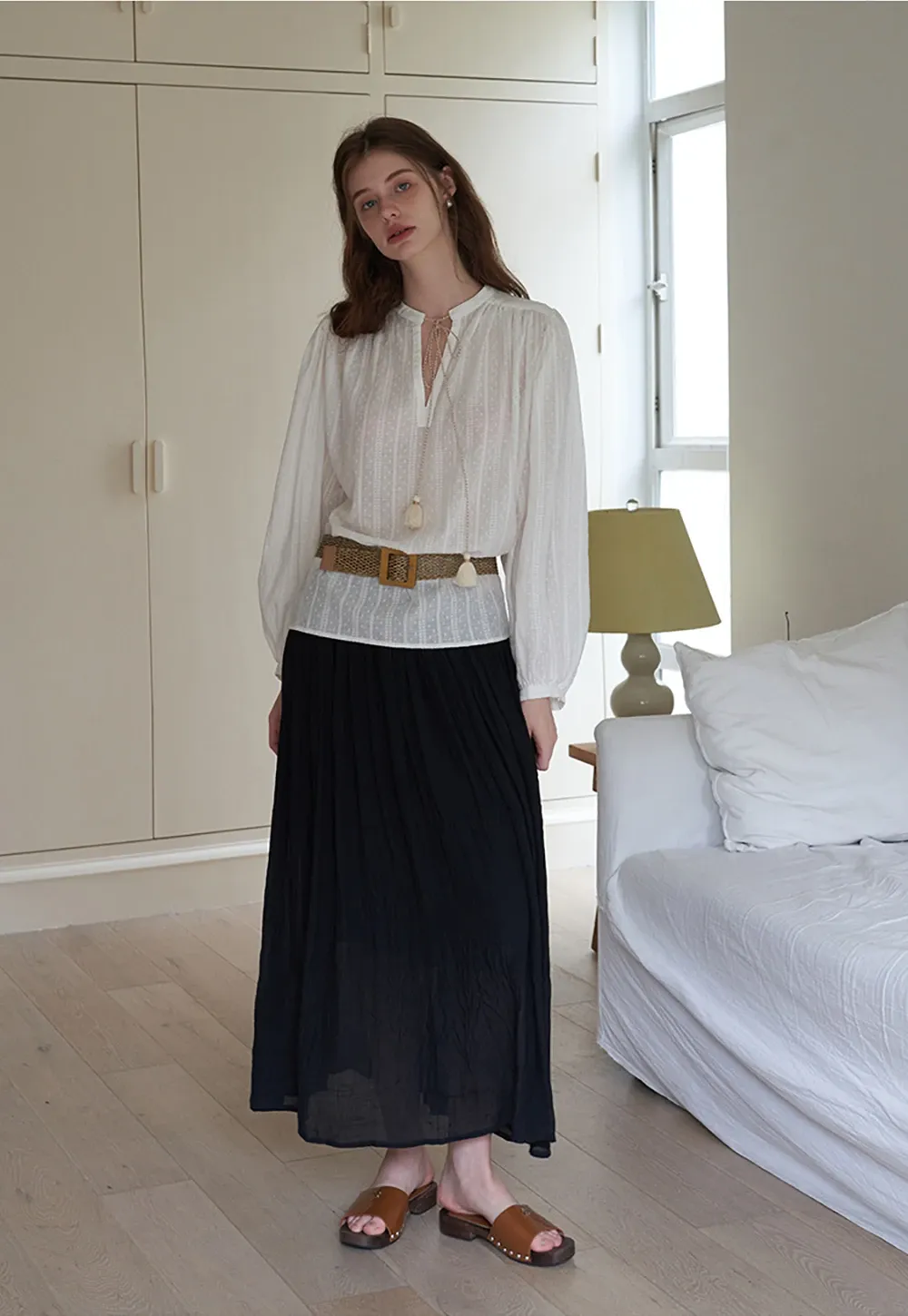 Pleated Midi Skirt with Belt