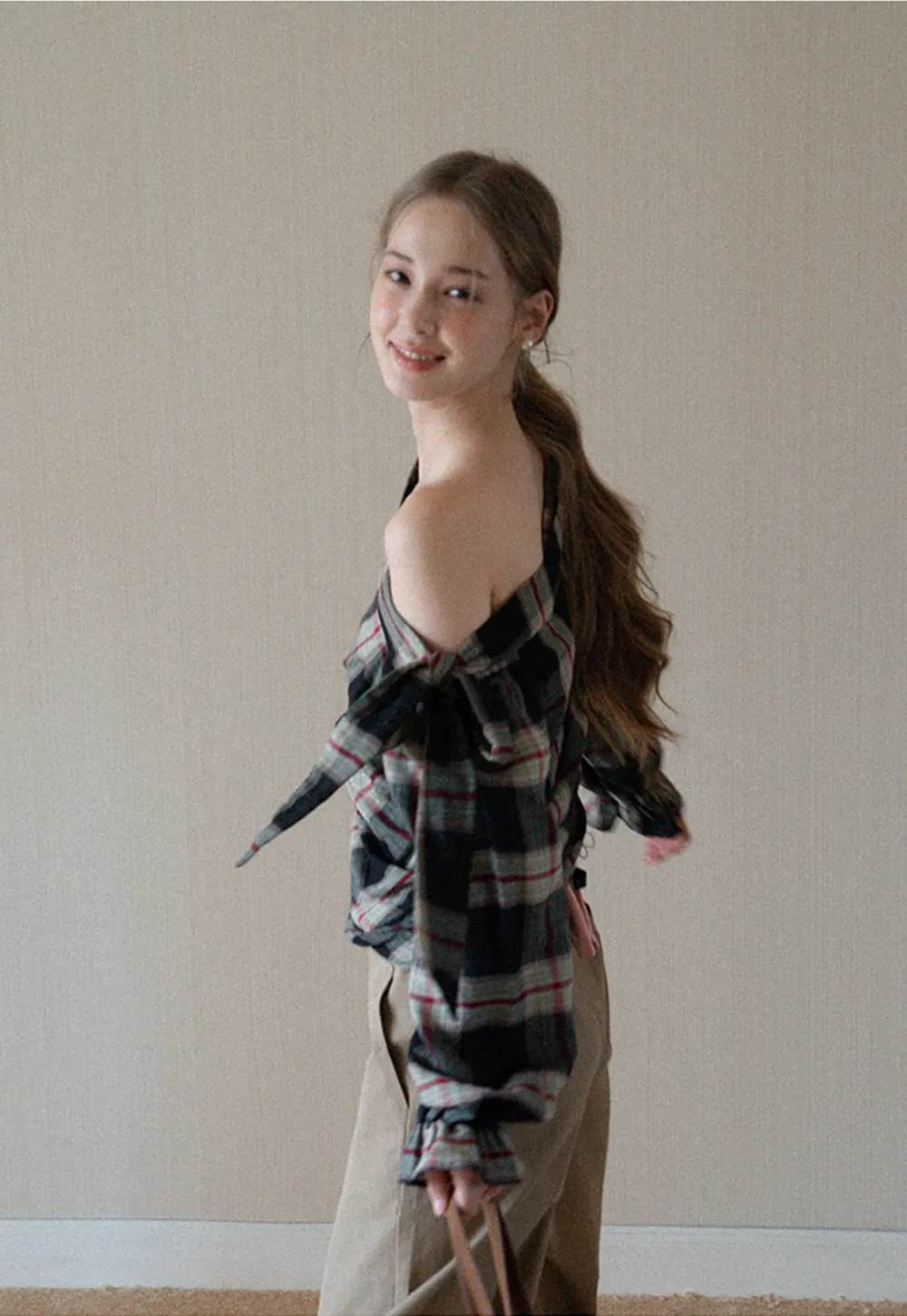 Womens Plaid Off Shoulder Tie Blouse