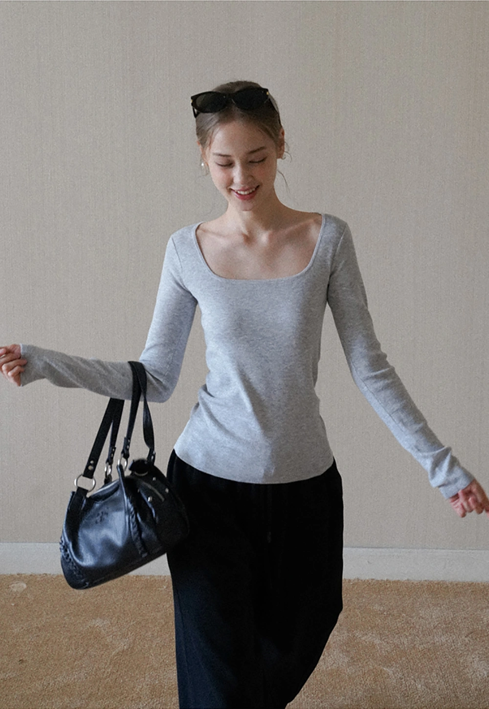 Womens Square Neck Long Sleeve Knit Top