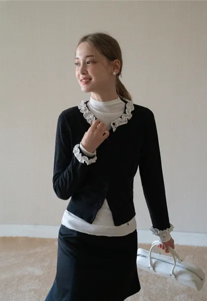 Ruffle Trim Button Down Knit Cardigan