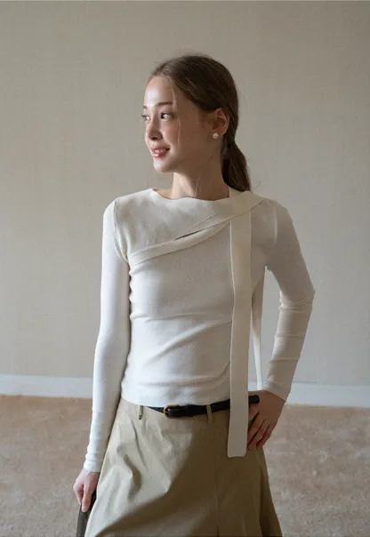 White Long Sleeve Knit Top With Tie