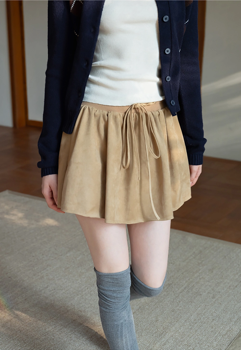 Womens Khaki Drawstring High Waist Pleated Mini Skirt