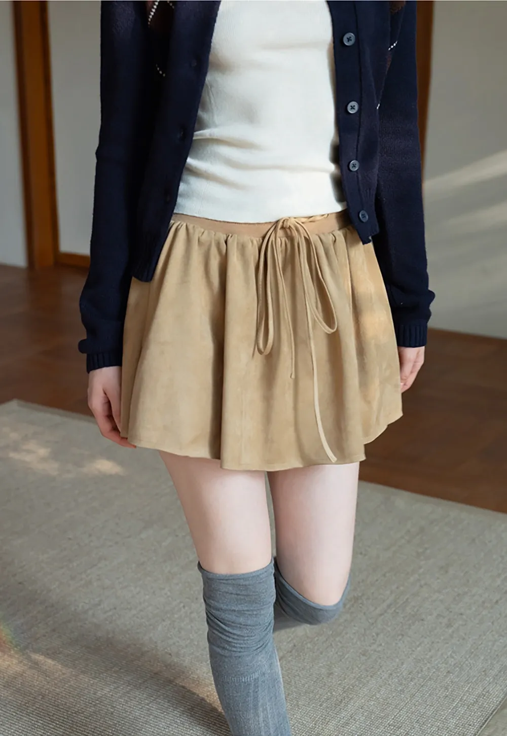 Womens Khaki Drawstring High Waist Pleated Mini Skirt