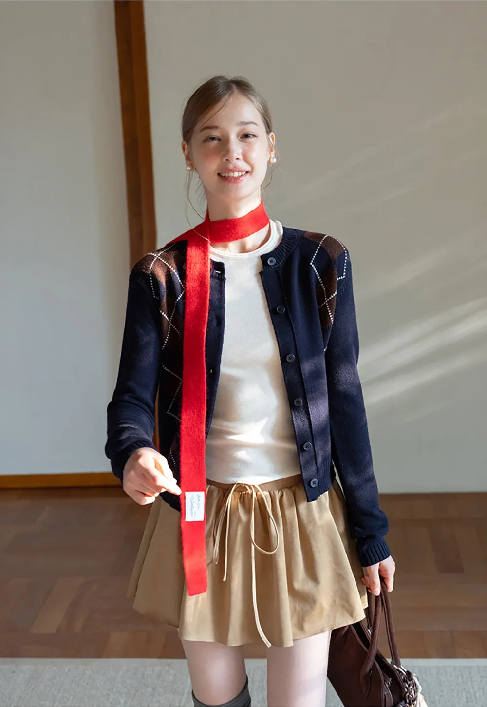 Womens Argyle Knit Cardigan Sweater Button Down Long Sleeve