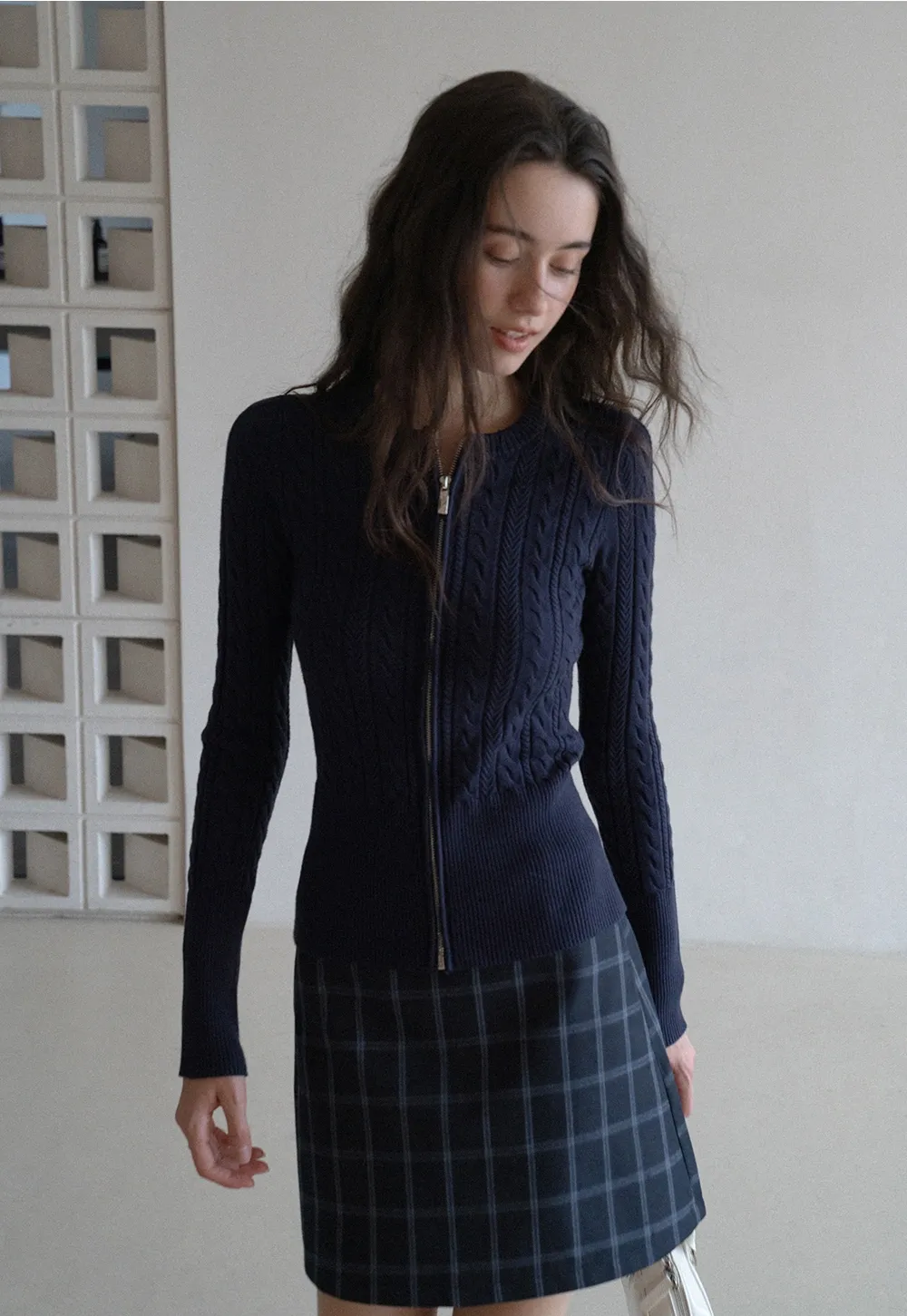 Casual Long Sleeve Cable Knit Top with Zipper