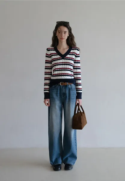 Women’s V-Neck Striped Knit Sweater