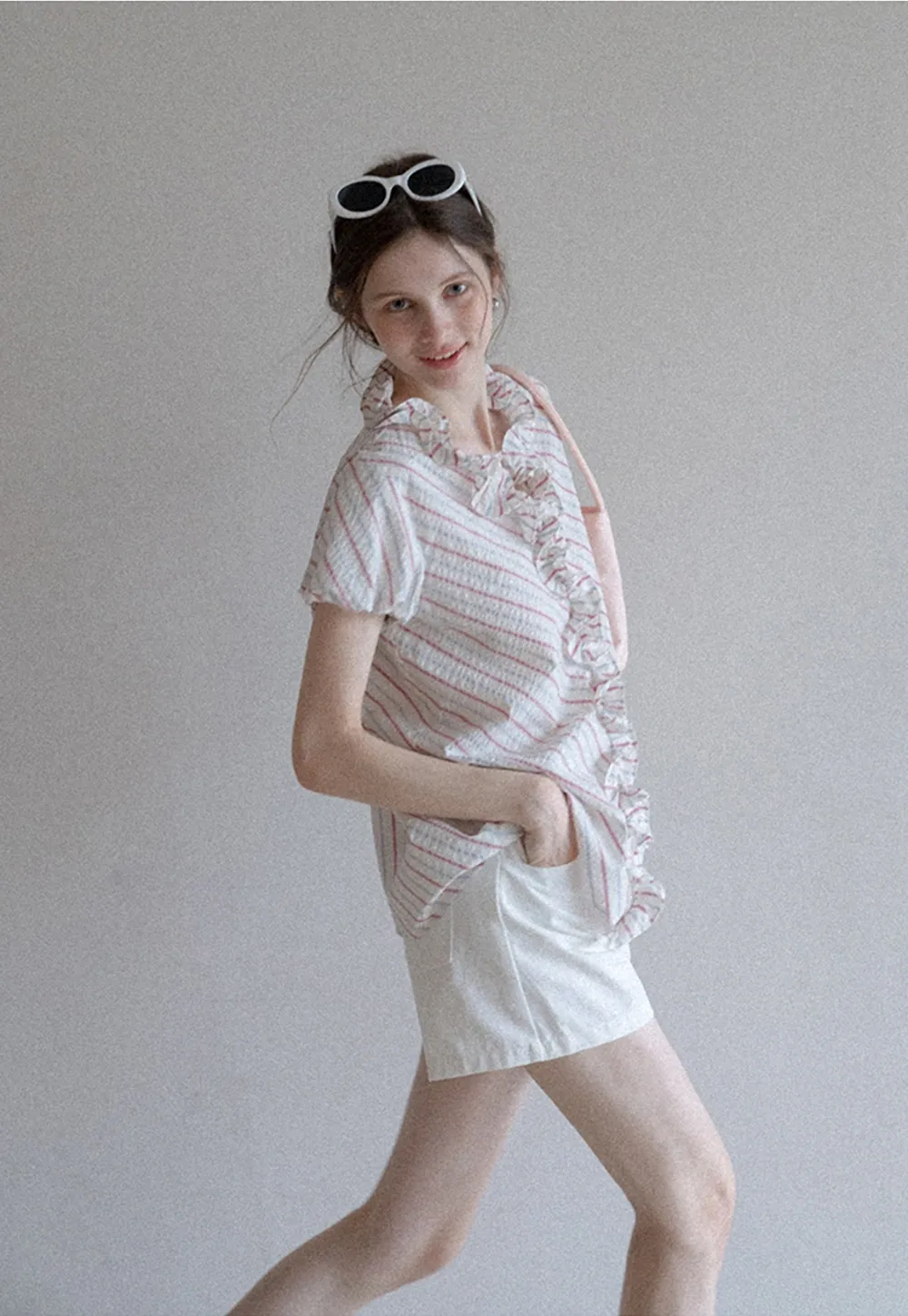 Women’s Ruffle Trim Striped Short Sleeve Blouse