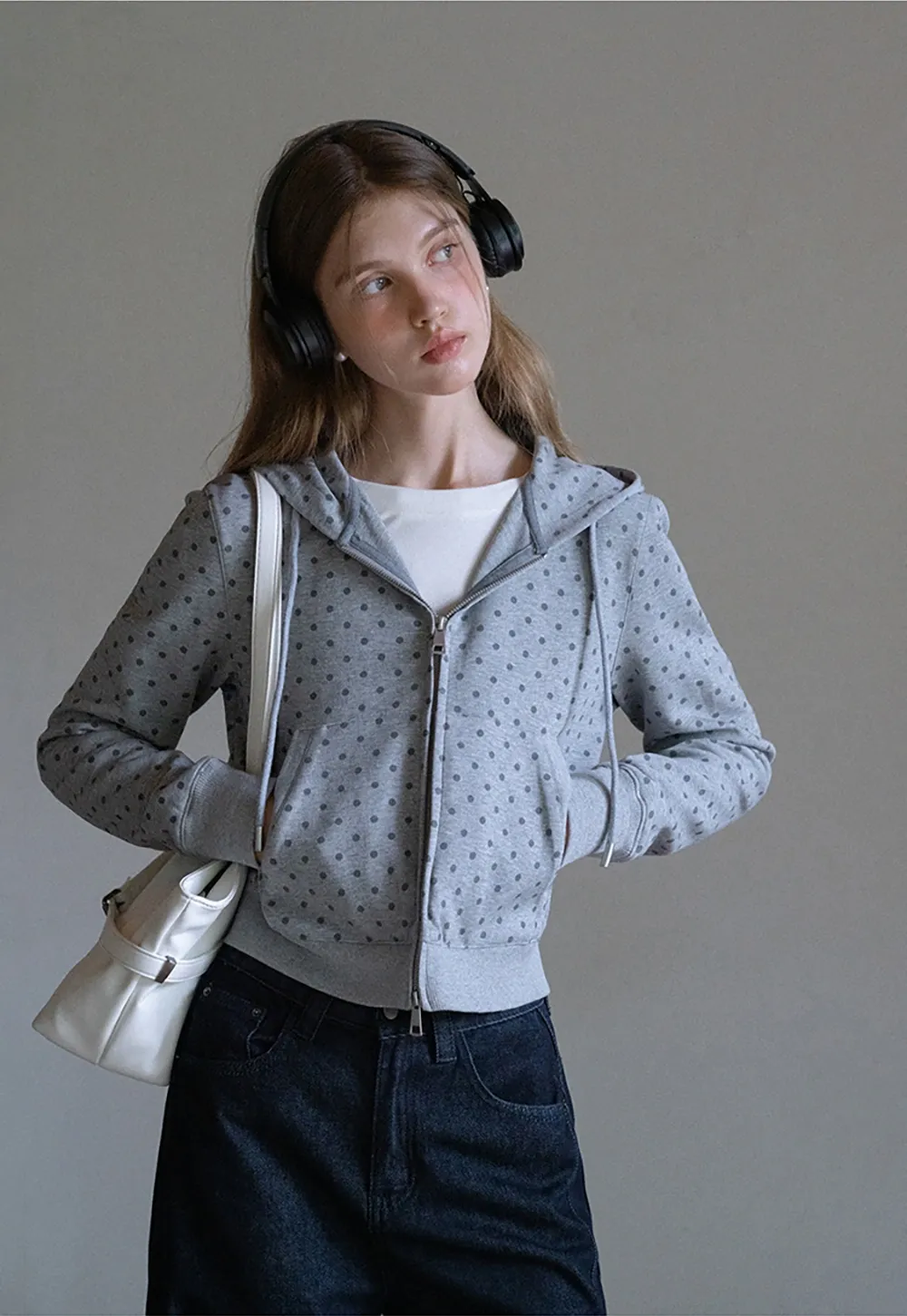 Womens Casual Polka Dot Zip-Up Hoodie