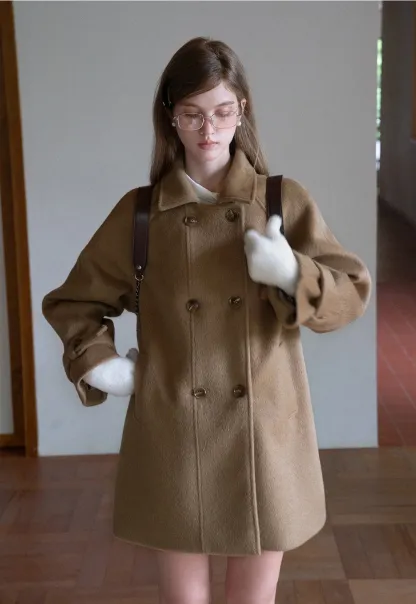 Elegant Double-Breasted Trench Style Wool Coat