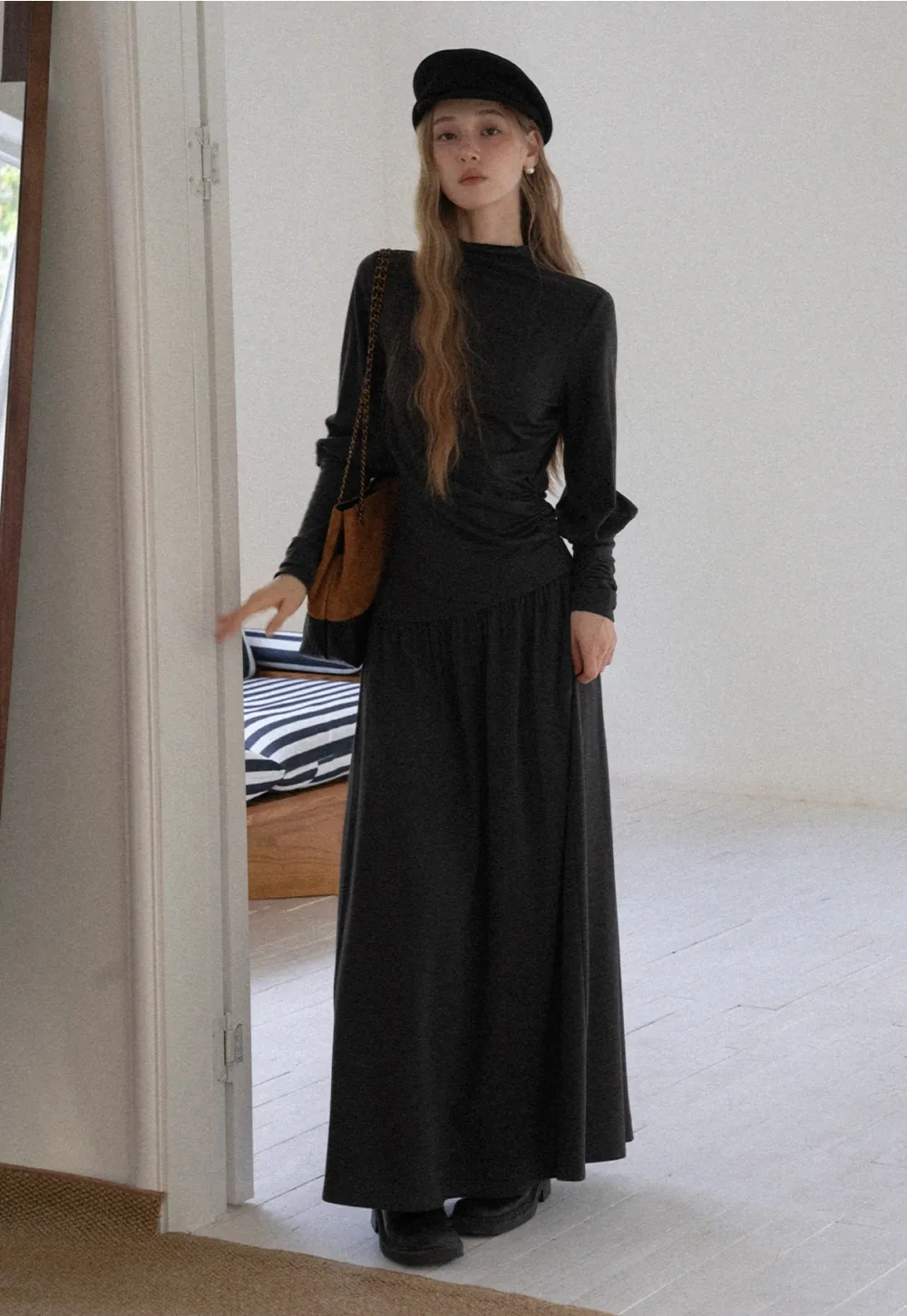 Women High Neck Long Sleeve Maxi Dress Elegant Casual Outfit