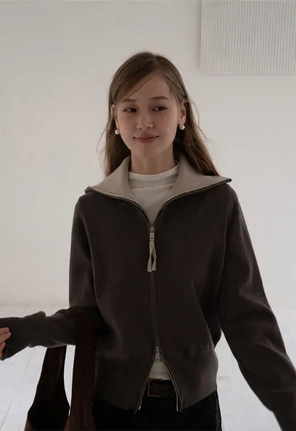 Women’s Zip-Up Knit Cardigan with High Collar
