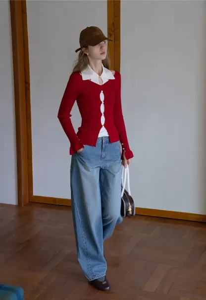 Womens Contrast Collar Cutout Knit Cardigan