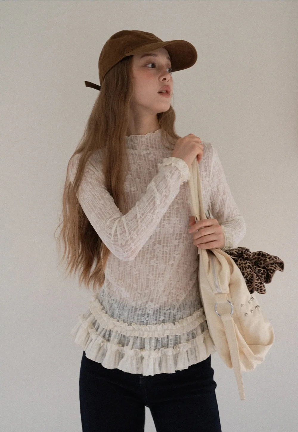 Women High Neck Long Sleeve Lace Top with Layered Ruffle Hem