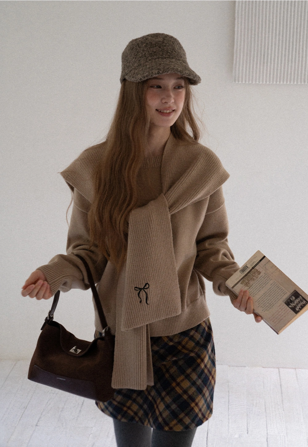 Women Faux Layered Sweater with Scarf Collar