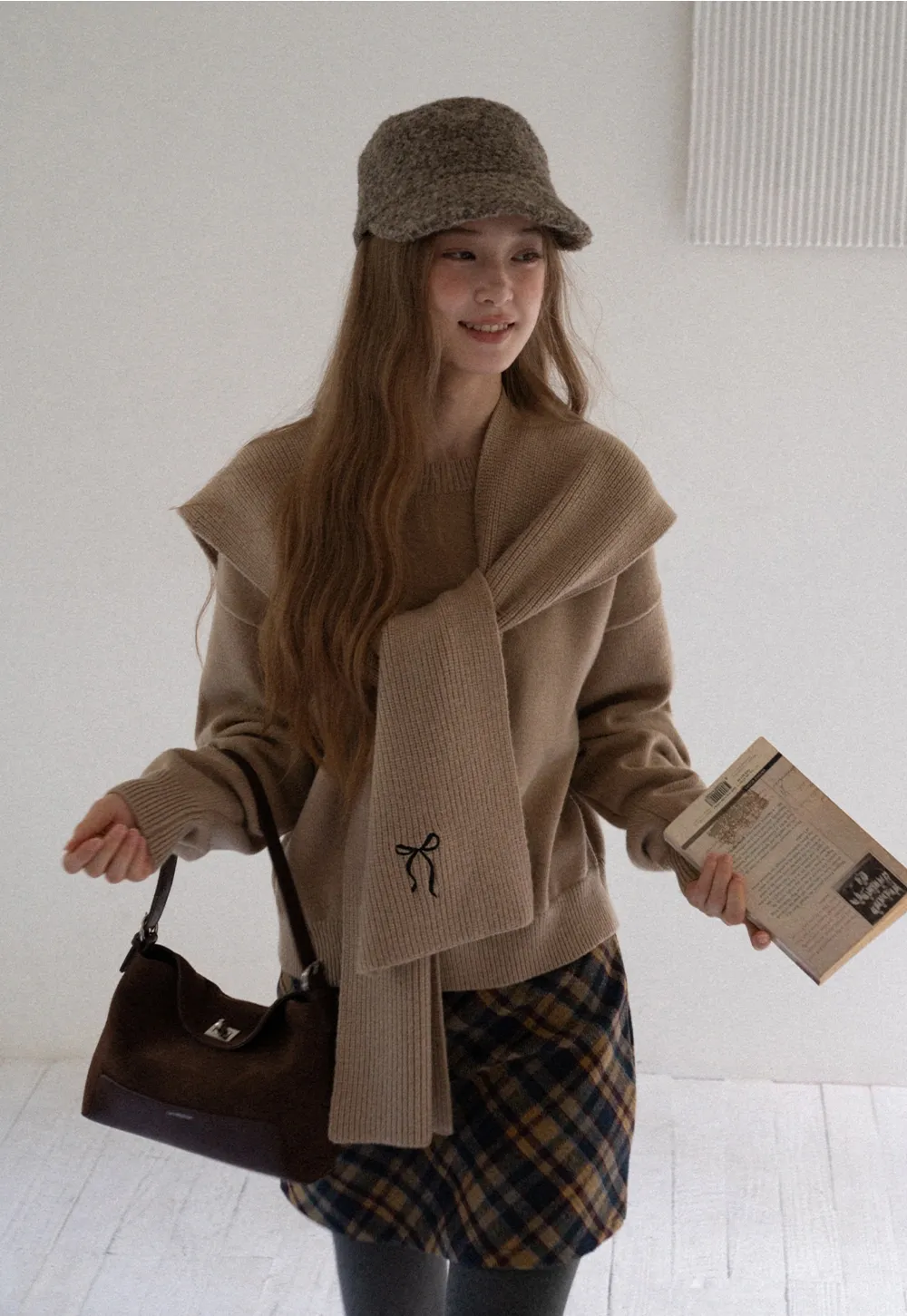 Women Faux Layered Sweater with Scarf Collar