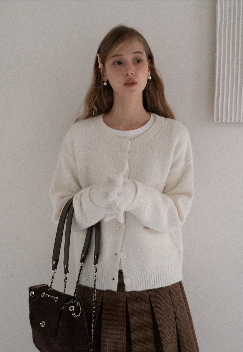 Women Basic Cream Knit Cardigan Casual Warm Sweater