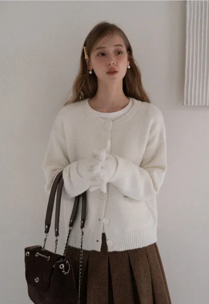 Women Basic Cream Knit Cardigan Casual Warm Sweater