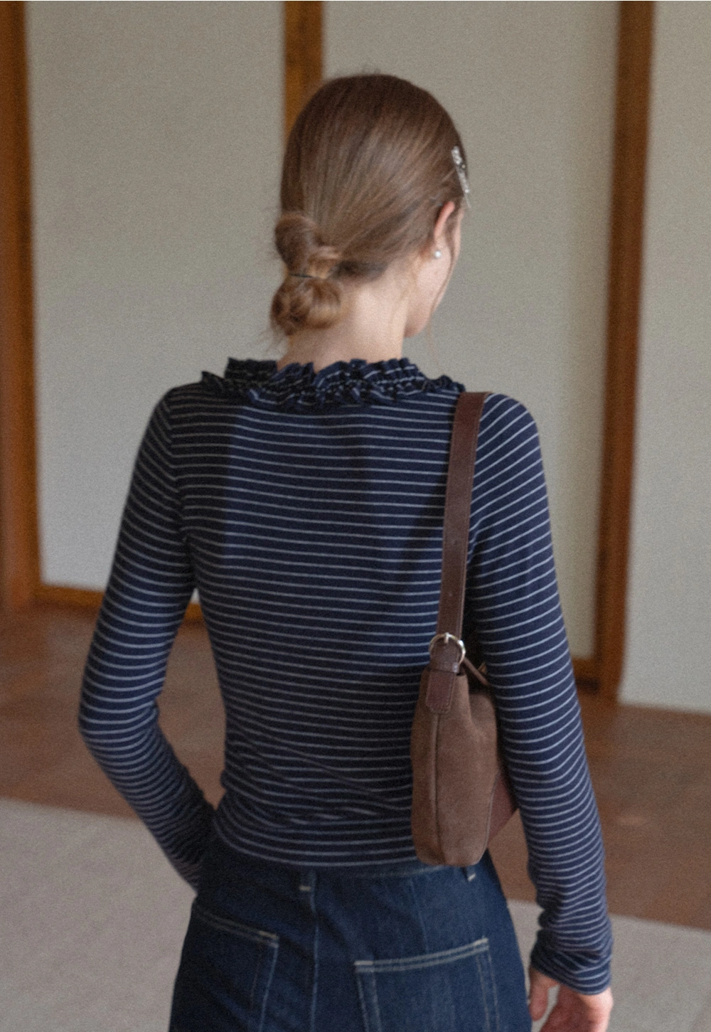 Women Striped Long Sleeve Tee with Ruffled Neckline