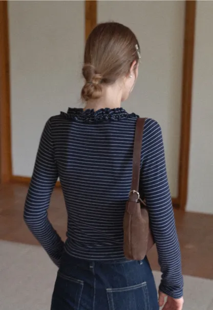 Women Striped Long Sleeve Tee with Ruffled Neckline