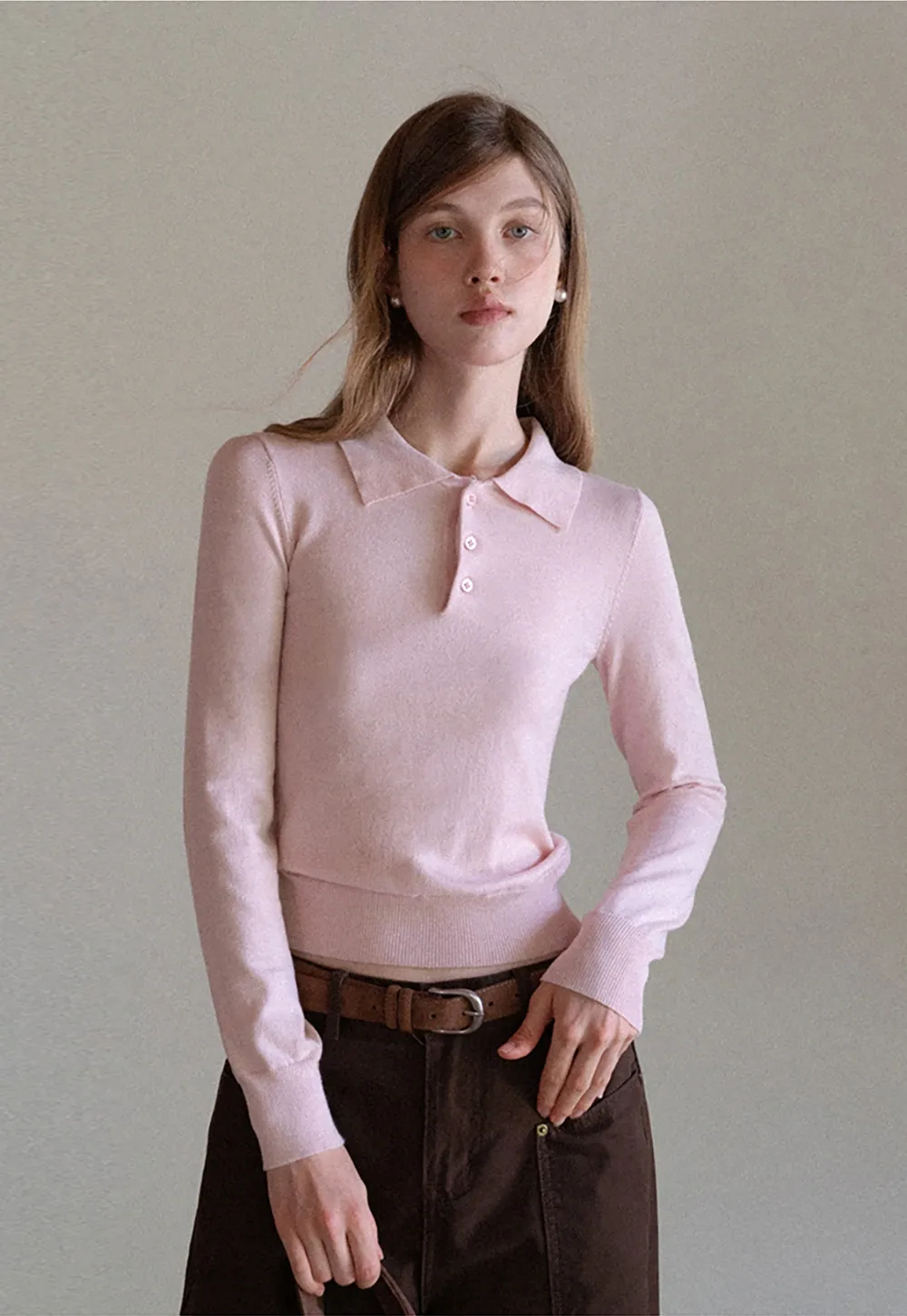 Women Soft Knit Polo Sweater Long Sleeve Pullover