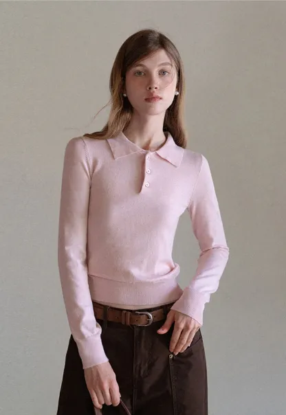 Women Soft Knit Polo Sweater Long Sleeve Pullover