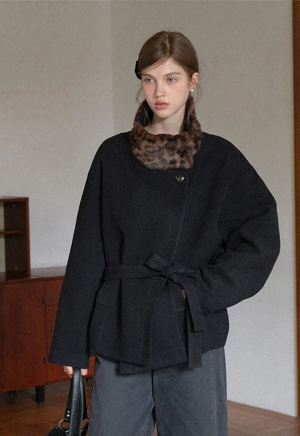 Faux Fur Trim Belted Wool Coat