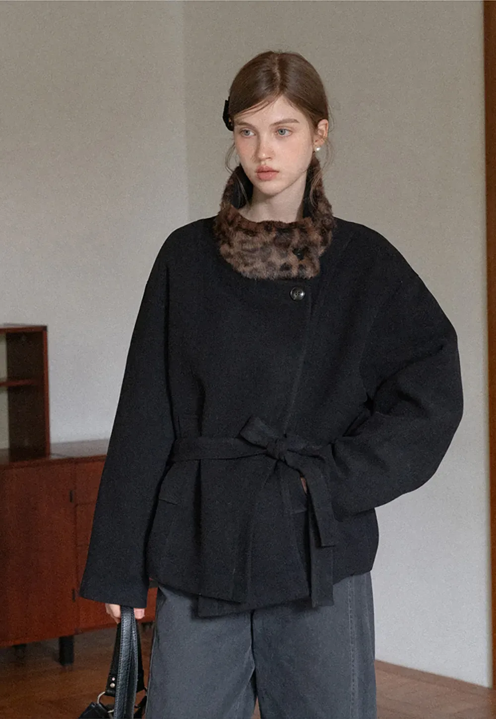 Faux Fur Trim Belted Wool Coat