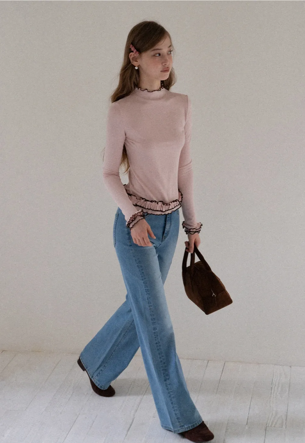 Ruffle Trim Mock Neck Long Sleeve Top
