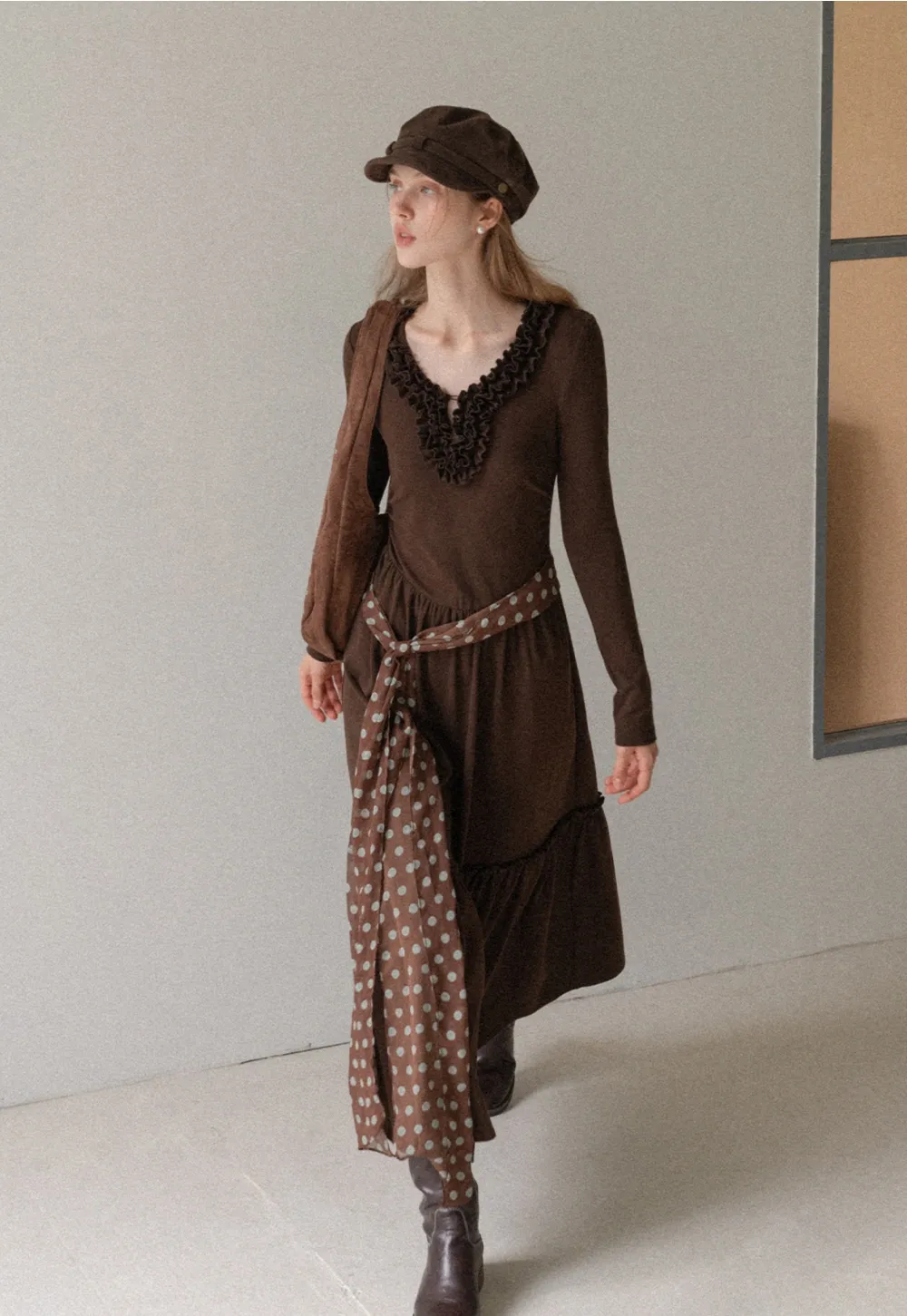 Women Long Sleeve Ruffle Neck Vintage Maxi Dress