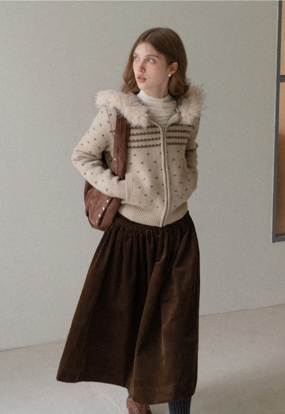 Vintage Knit Hooded Cardigan Women Faux Fur Coat