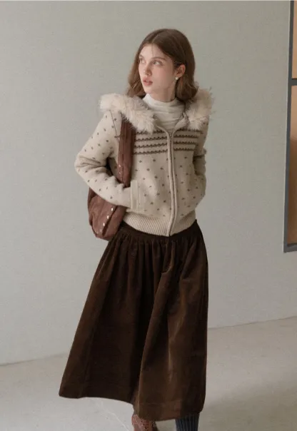 Vintage Knit Hooded Cardigan Women Faux Fur Coat